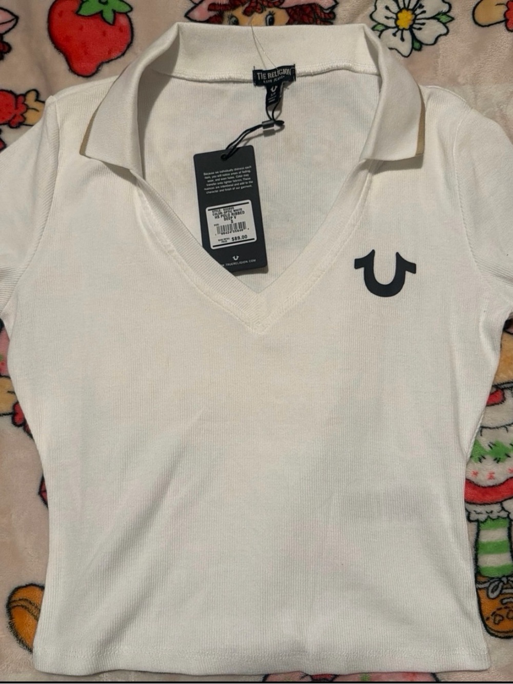 True Religion White V-Neck Polo Tee with Logo